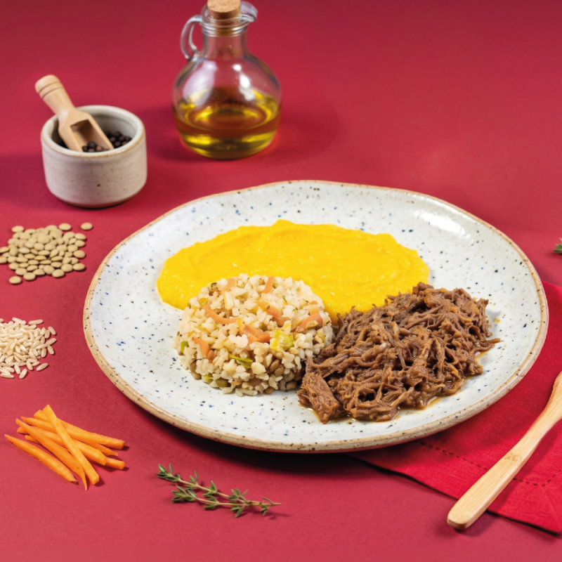 marmita - carne desfiada + arroz integral à grega + purê de mandioquinha