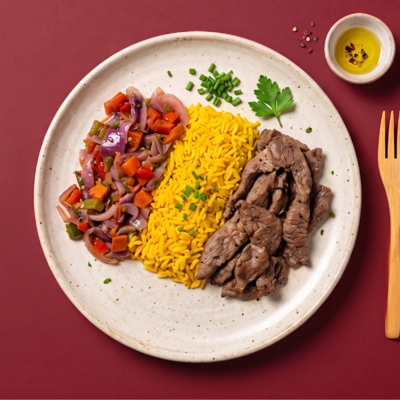 marmita - filé mignon + arroz com cúrcuma + vegetais