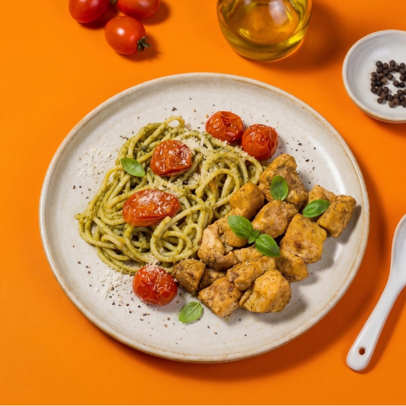 marmita - spaghetti ao pesto + frango em cubos