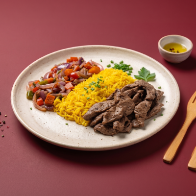 marmita - filé mignon + arroz com cúrcuma + vegetais