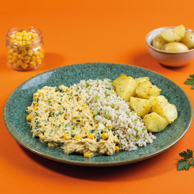 marmita - fricassê de frango + arroz integral com brócolis + batata sautée