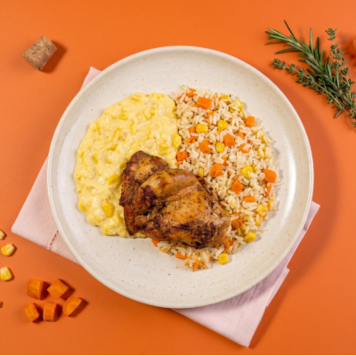 marmita - sobrecoxa de frango + arroz com cenoura e milho + creme de milho marmita - sobrecoxa de frango + arroz com cenoura e milho + creme de milho