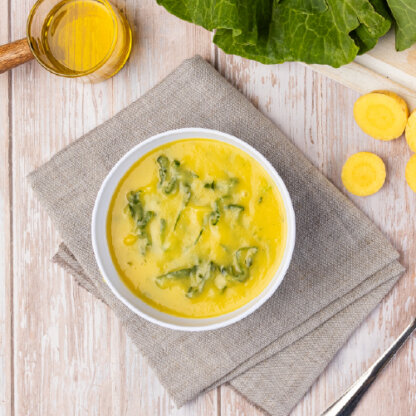 creme de mandioquinha com tirinhas de couve